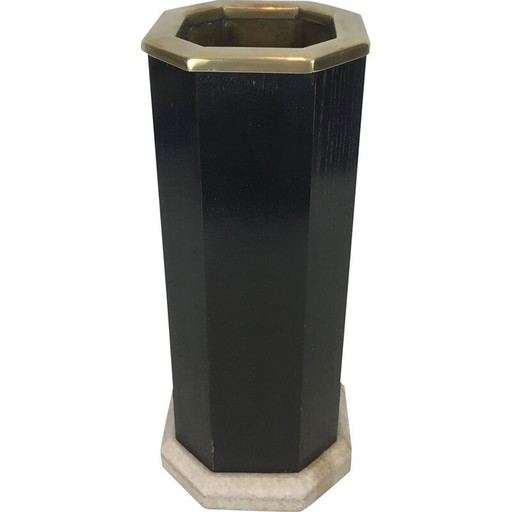 Vintage umbrella stand in blackened wood, brass and marble, 1950