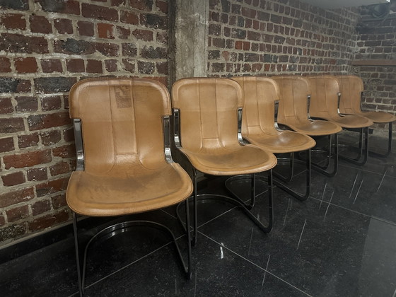 6x Sedie da pranzo vintage Willy Rizzo per Cidue, colore cognac – Leather, Metal (photo 4 of 6)