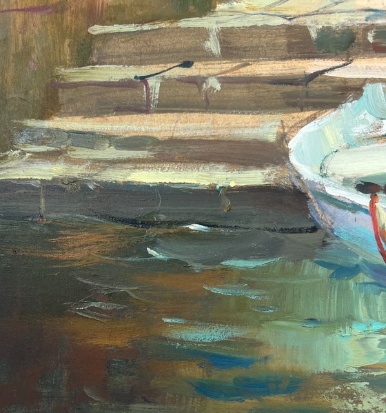 Image 1 of Peinture à l'huile originale représentant des maisons d'été, un paysage et un bateau au milieu des rues de la ville