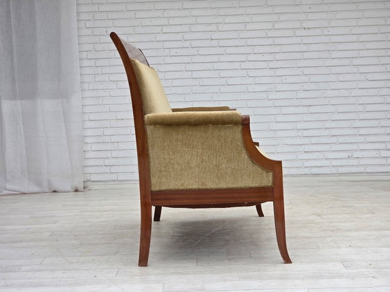 Image 1 of 1950s, 2 Seater Danish Highback Sofa, Furniture Velour, Laqered Teak Wood.
