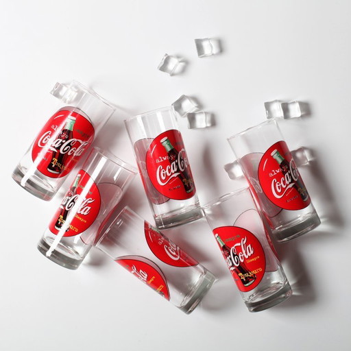 Set van 6 vintage rode Always Coca-Cola drinkglazen / Cerve / Italië / jaren 90 – glazen karaffen, Glass
