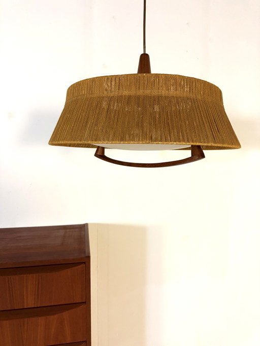 Vintage teak & sisal hanging lamp, Temde Leuchten '60