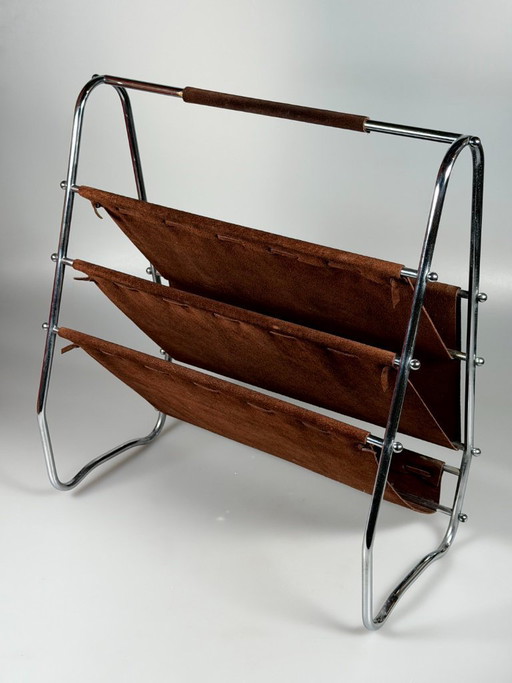 1960s/70s Newspaper Holder/Magazine Stand, Metal/Leather, Mid-Century Design