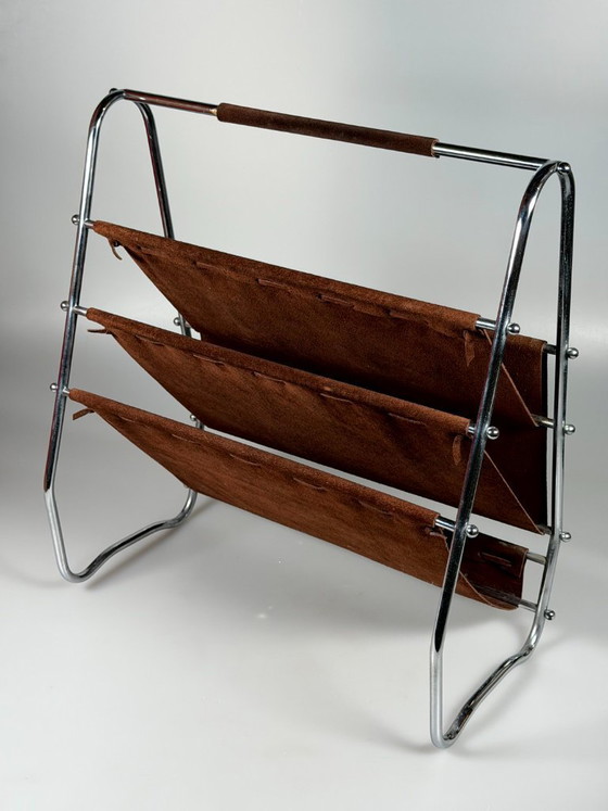 Image 1 of 1960s/70s Newspaper Holder/Magazine Stand, Metal/Leather, Mid-Century Design