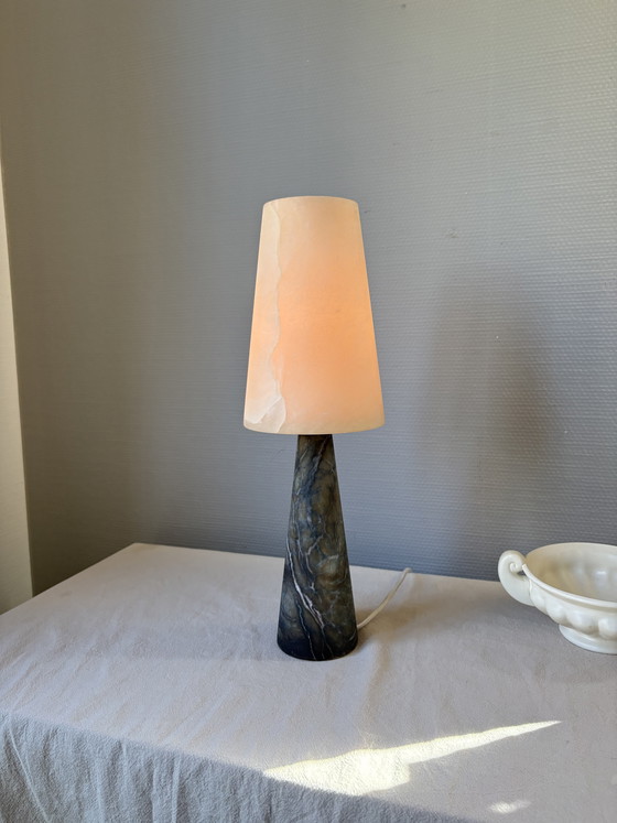 Image 1 of Vintage Made in Spain Alabaster & Green Marble Handmade Table Lamp