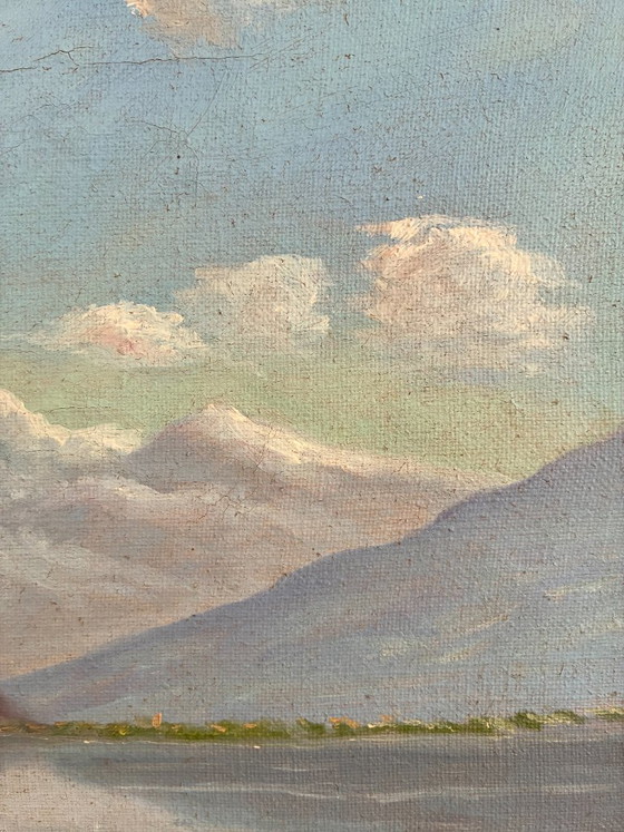 Dipinto a olio vintage firmato, paesaggio di lago di montagna – Dipinti e disegni, Canvas (photo 7 of 13)