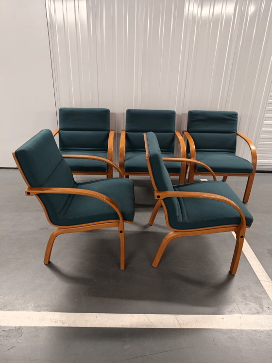 5 Vintage Deense Loungestoelen Groen, Wollen, Gebogen Hout, Retro Uit De Jaren 80. – Eetkamerstoelen, Wool (photo 6 of 9)