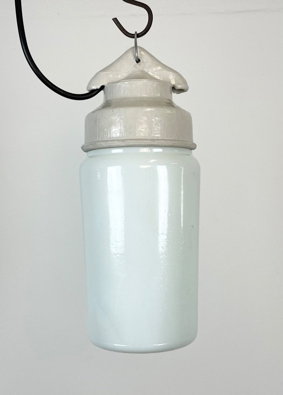 Image 1 of Industrial White Porcelain Pendant Light with Milk Glass, 1970s