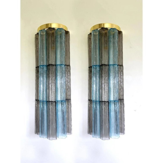 Image 1 of 2er-Set moderne graue und hellblaue „Tronchi“-Wandleuchten aus Muranoglas