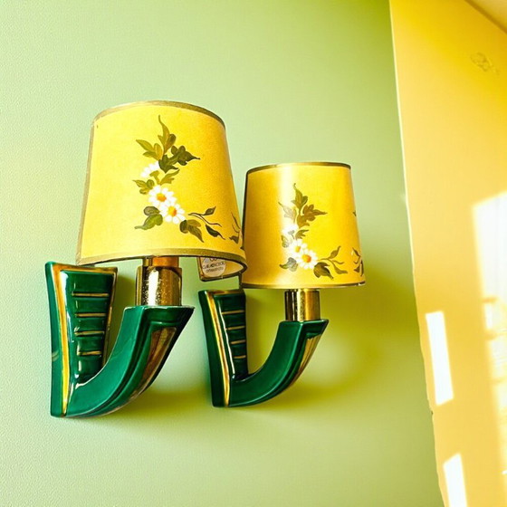 Image 1 of PAIR French Art Deco green ceramic wall sconces with hand-painted half shades, 1940s,