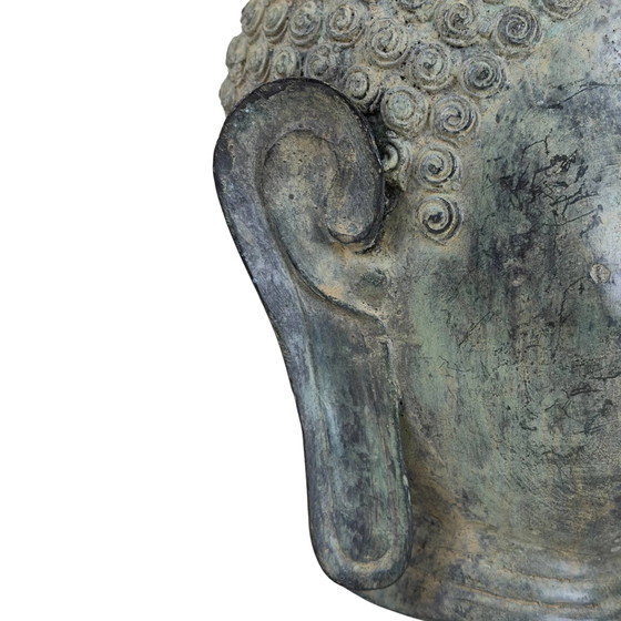 Patinated Bronze Buddha Head in U Thong Style – Thai Art 27 cm – Sculpture (photo 9 of 10)