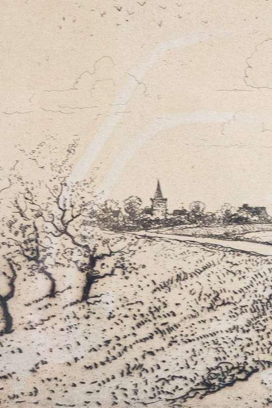 Image 1 of Jan Poortenaar – Dutch polder landscape with church – etching – signed
