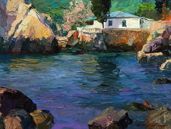 Original Oil Painting Seascape Rocks House On The Beach Morning At Sea – Paintings & Drawings, Canvas (photo 7 of 7)