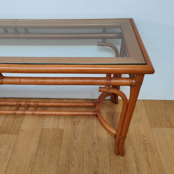 Image 1 of Vintage Rattan Side Table with Glass Top