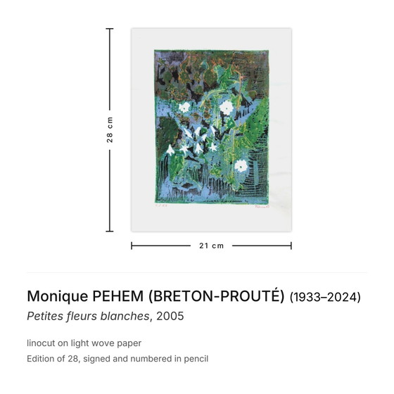 Image 1 of Monique PEHEM (BRETON-PROUTÉ) Kleine weiße Blüten Signierter Linolschnitt 2005