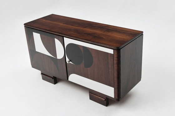 Buffet vintage des années 1950, style moderniste, en noyer, à motif géométrique Op Art. – Vaisseliers, Wood (photo 14 of 14)