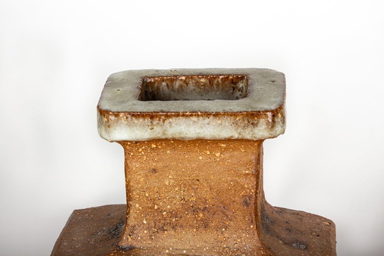 Image 1 of Paar Zweedse vazen, Brutalistische stijl, van steengoed met geëmailleerde hals door Curt Magnus-Addin 1960.