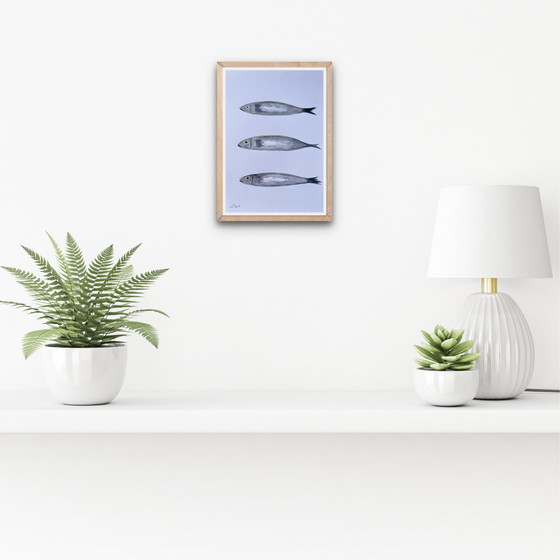 Image 1 of Framed watercolor "sardines" 30x21cm.
