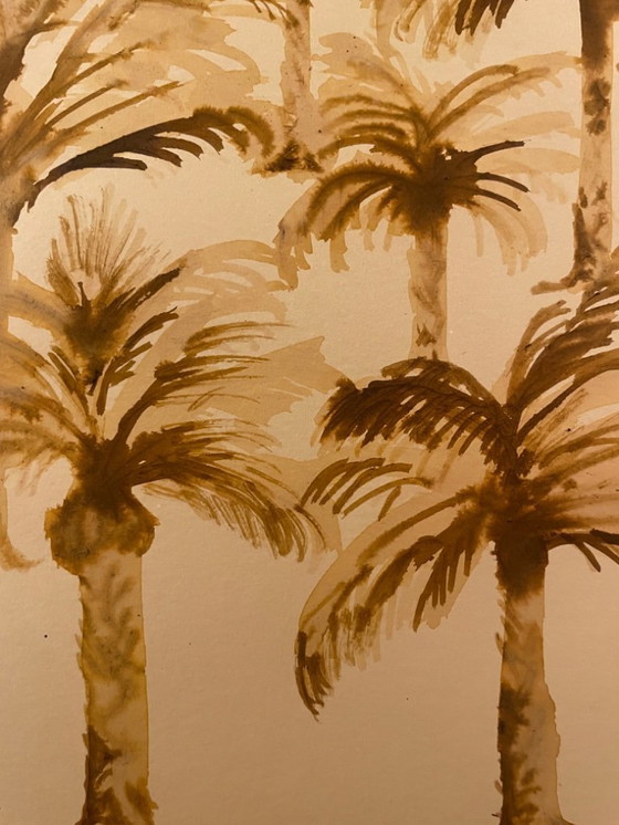 Image 1 of Dipinto ad acquerello firmato raffigurante un paesaggio di un'oasi orientale al calar della notte.