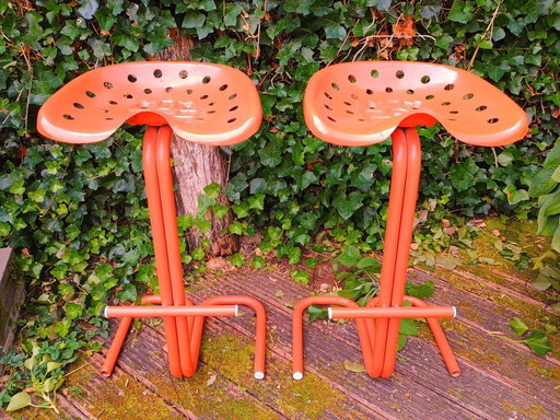 2 bar stools metal tractor seat, retro, seventies, orange