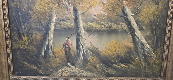 Image 1 of Atmospheric Painting "Autumn Landscape" – Vintage 1970s with Gold Frame