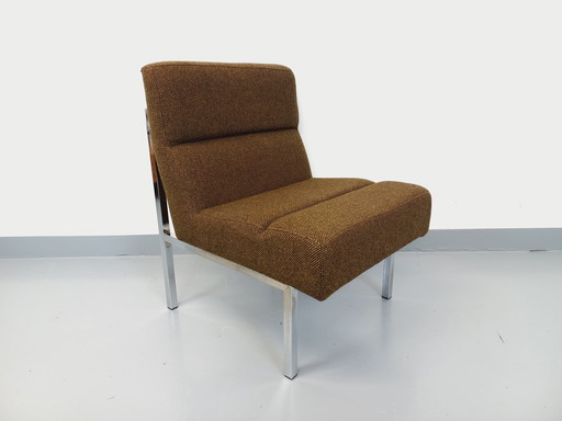 Vintage modernistische fauteuil en haardstoel in wollen stof en verchroomd metaal uit de jaren 70