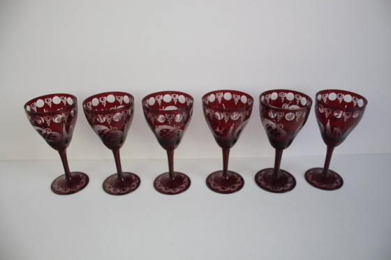 Image 1 of Antique Set of 36 pieces of Artistic cut Ruby red glass, Egermann, 1950's. 