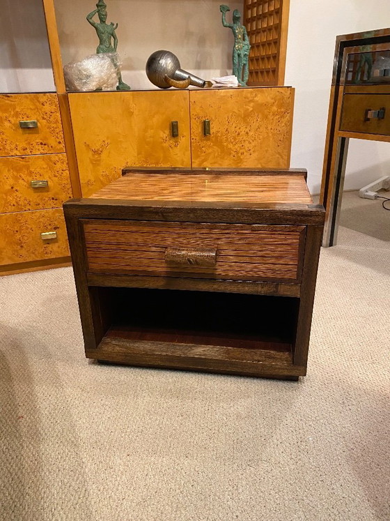 Image 1 of Art Deco nachtkastjes uit de jaren 80, gemaakt van zebra-eikenhout met vintage lades en een gelakte afwerking.