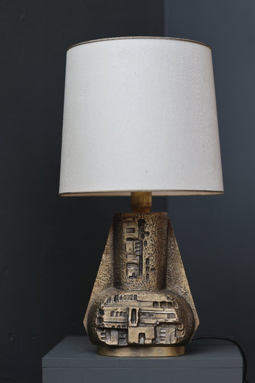Vintage Brutalist Bronze Table Lamp | Sculptural Relief Design | 1970s