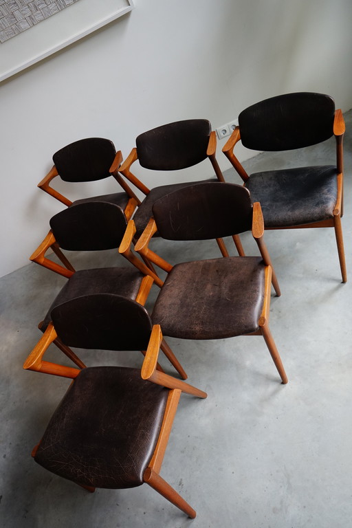 6 chaises Kai Kristiansen | Modèle 42 | Teck cuir patiné