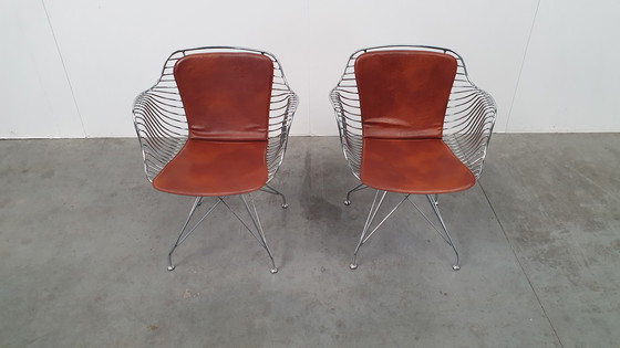 Image 1 of 2 Design Wire Chairs Chrome With Cognac Seat Pads