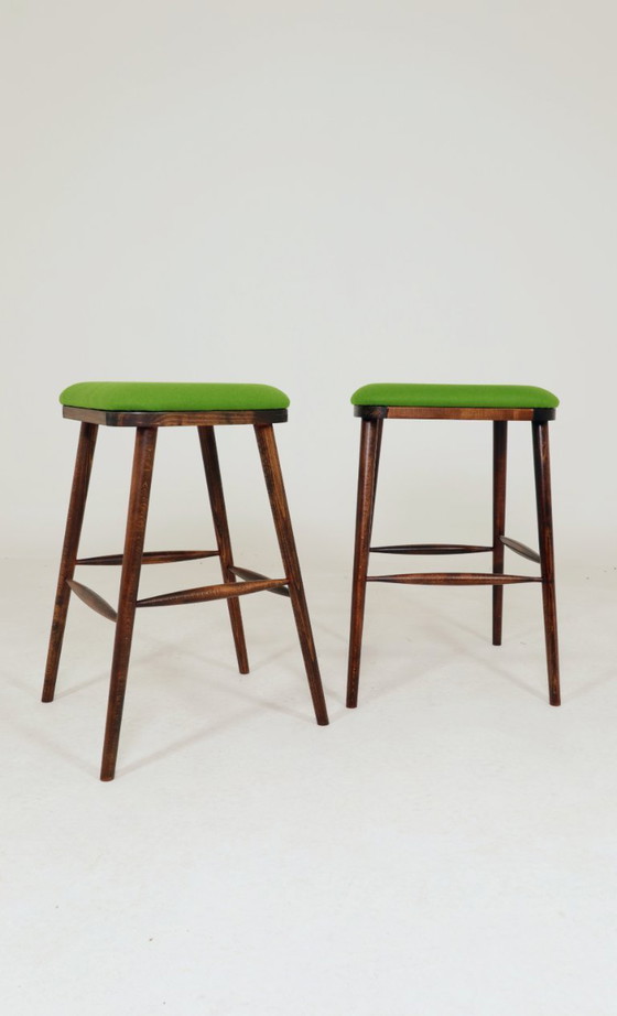 Image 1 of Beech Wood Bar Stools – Green Recycled Wool Upholstery, Rustic Mid-Century Style