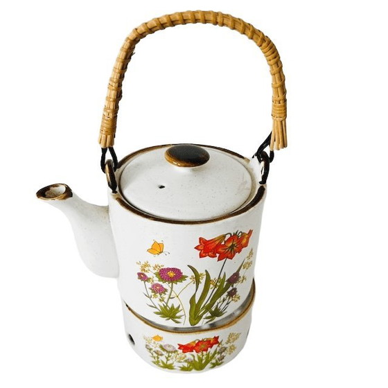 Image 1 of Teiera in ceramica vintage e scaldavivande con fiori selvatici, stile rustico retrò anni '70.