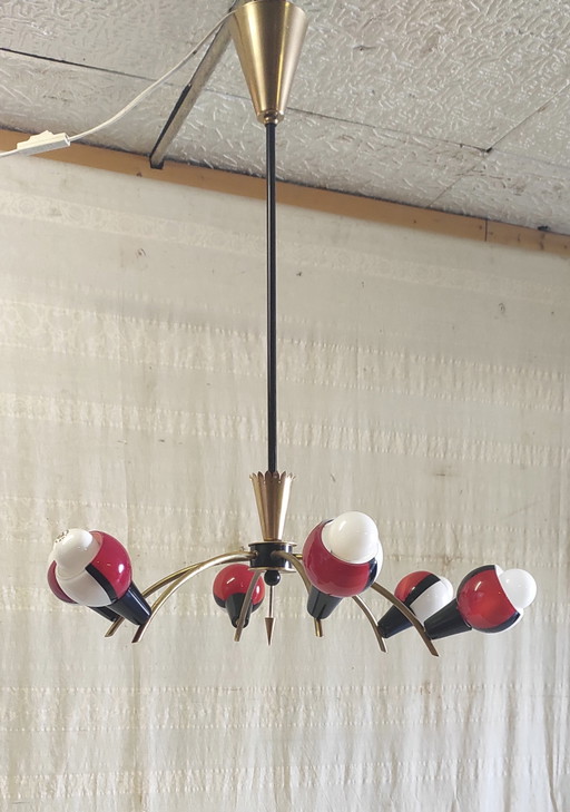 Lustre 6 feux stilnovo en laiton et nverre de murano - années 50