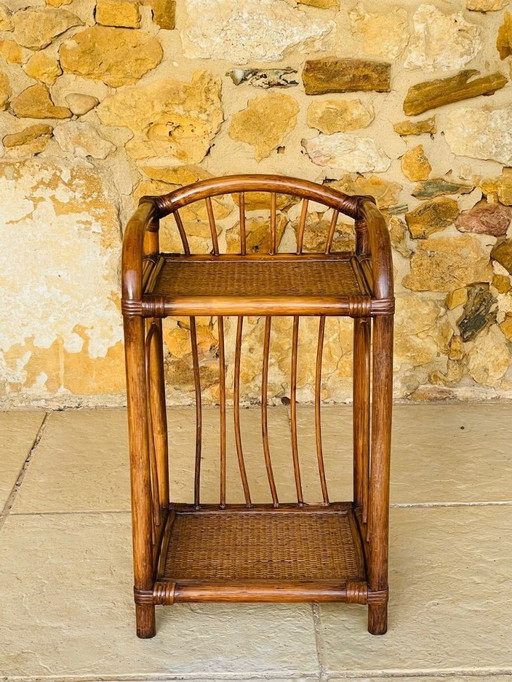 Mid-Century, Two-Tiered, Bamboo & Wicker Nightstand 1970s