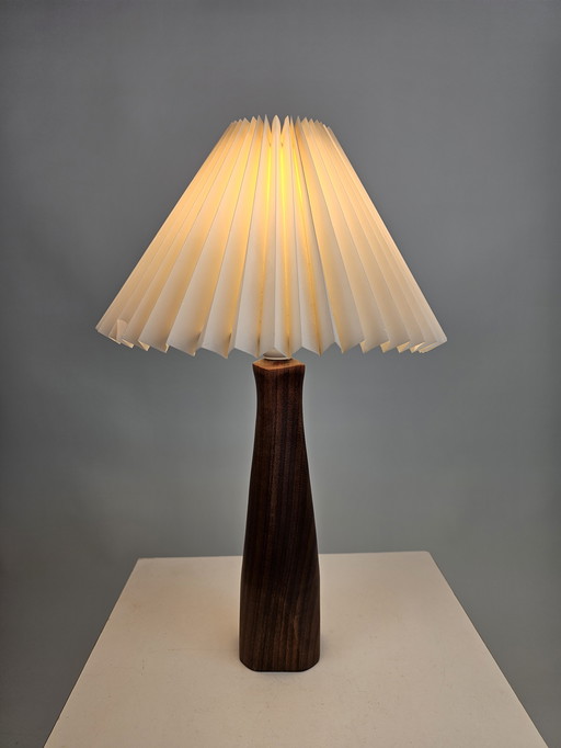 Danish table lamp teak with white shade fabric