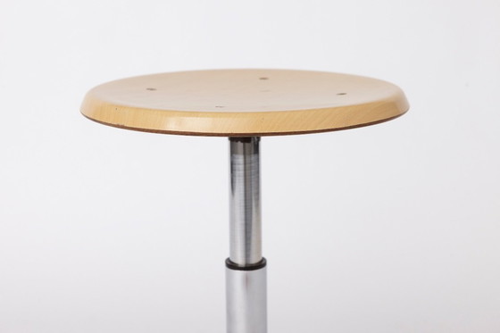 Image 1 of Set of 4 Vintage Industrial Stools 1970s, Chrome Adjustable Stools with Pagholz Seats, Mid Century Stools