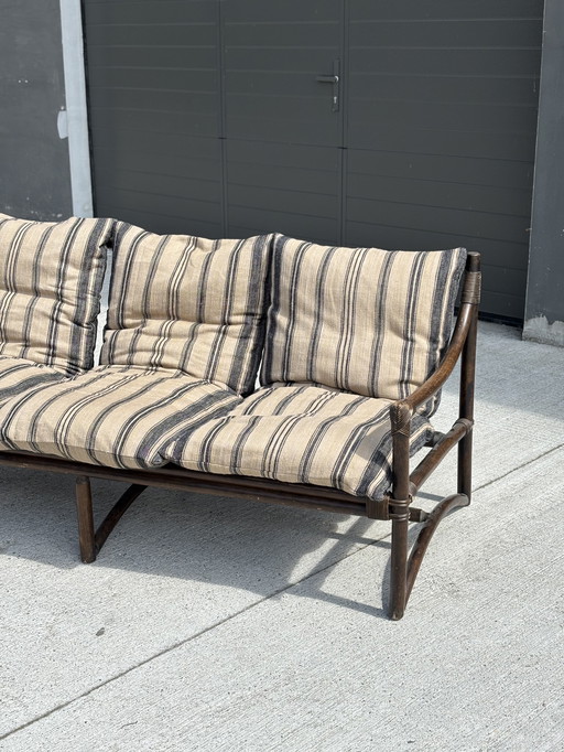 Vintage 3-zits bamboe bank – nieuwe kussens – boho / safari stijl
