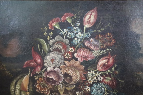 Image 1 of Still Life with Flowers, Antique Oil on Canvas, Italy 18th Century