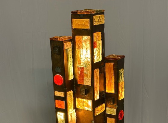 1970s Longobard Floor Lamp – Hammered Glass & Wrought Iron, Italy – Floor lights, Cast Iron (photo 9 of 10)