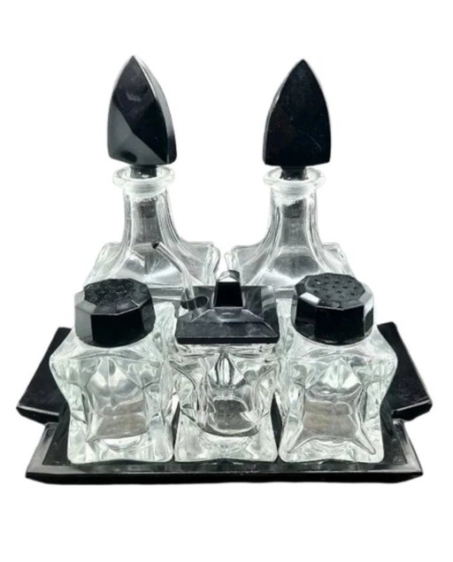 Juego de vinagreras Art Déco de lujo de 6 piezas: pimienta, sal, vinagre, aceite y mostaza
