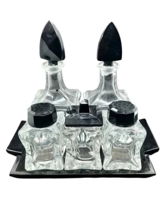 Image 1 of Juego de vinagreras Art Déco de lujo de 6 piezas: pimienta, sal, vinagre, aceite y mostaza