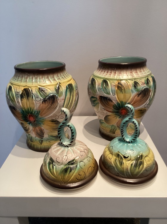 2 Vasi in ceramica dipinti a mano con coperchio di Herbert Bequet. – Bequet Hubert (photo 2 of 5)