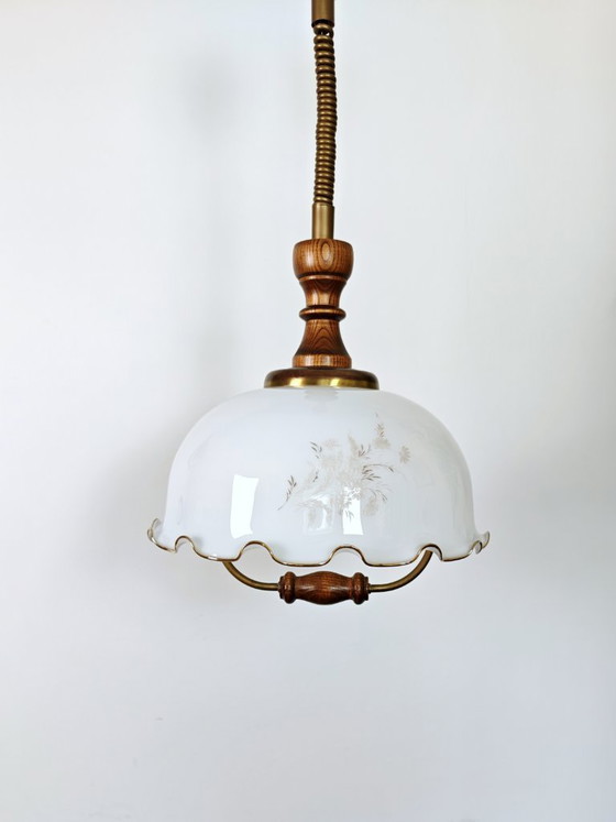 Image 1 of Vintage 1970s Opaline Glass Pendant Light / Mid Century Modern Ceiling Lamp / Scalloped Floral Shade with Wood Brass / 