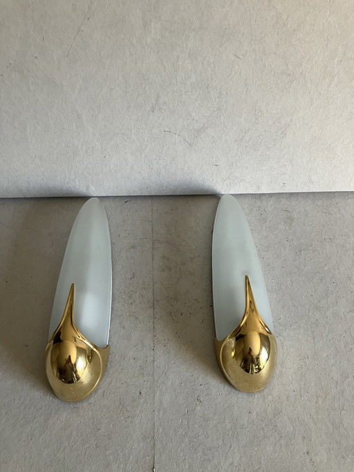 Vintage pair of Marga wall lamps, brass and frosted glass