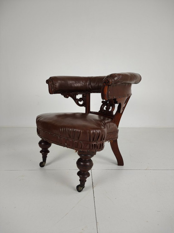 Antique Leather Armchair by Robson & Son – Carved Wood & Castors, Newcastle (photo 4 of 11)
