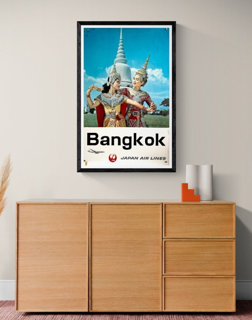 ✈️ Japan Airlines Bangkok – Danseuses du temple – vers 1960 – Affiche originale | 100,5 × 62,5 cm | Japon