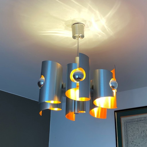 Polam Bielsko chandelier. 1970. Space age. Brushed stainless steel.
