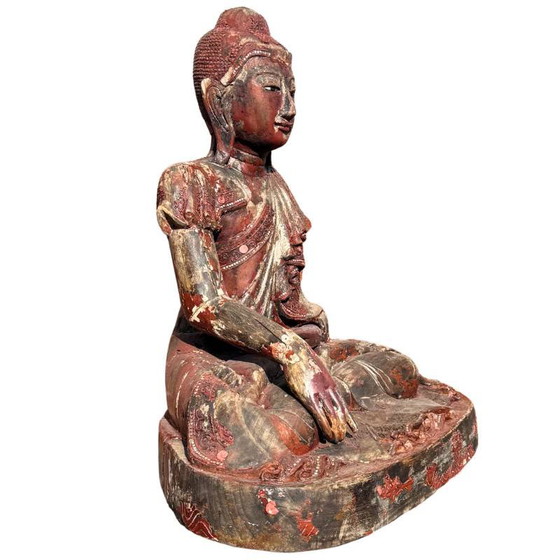 Antique Wooden Buddha Statue from Burma - Large Mandalay Buddha with Mirror Inlay – Sculpture (photo 3 of 18)
