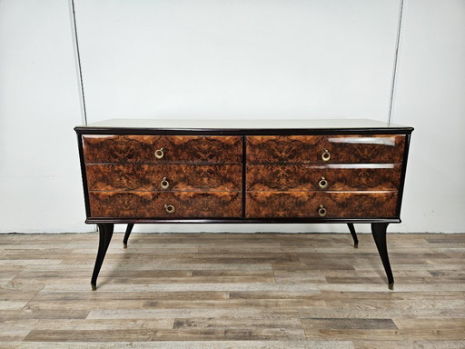 Mid-century chest of drawers in mahogany, glass and brass
